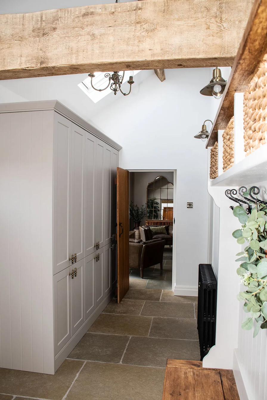 Timber beams in guest hallway