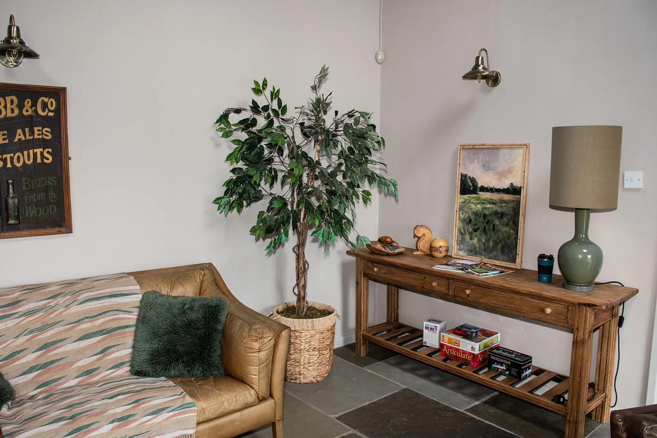 Living space, green velvet and plants