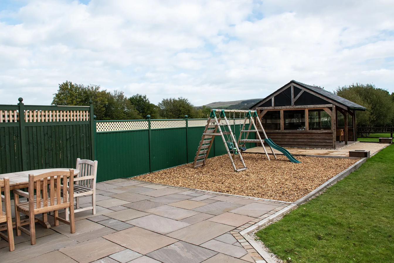 Outdoor patio, garden and play area
