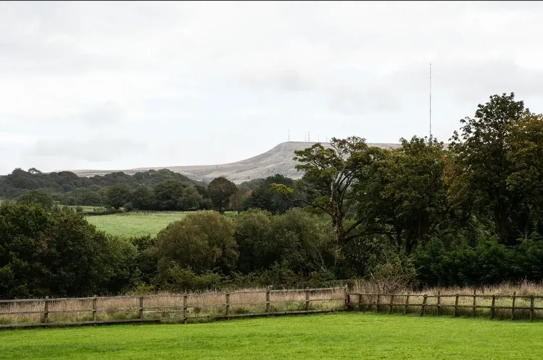 Looking across fields and woodland towards Winter Hill